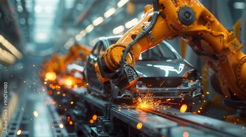 Assembly line and car assembly line with robots welding car steel in a car factory