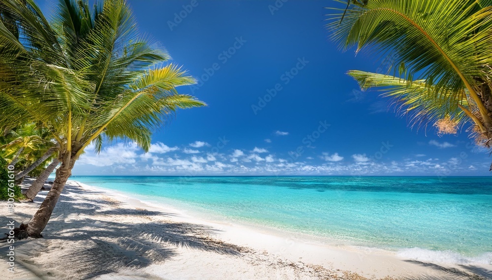 A tranquil beach scene with crystal-clear turquoise water gently lapping against pristine white sand, framed by lush green palm trees and a bright blue sky.
A tranquil beach scene with crystal-clear turquoise water gently lapping against pristine white sand, framed by lush green palm trees and a bright blue sky.