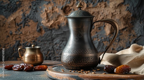 dallah is a metal pot with a long spout designed specifically for making coffee, coffee wood background, coffee and dates photo