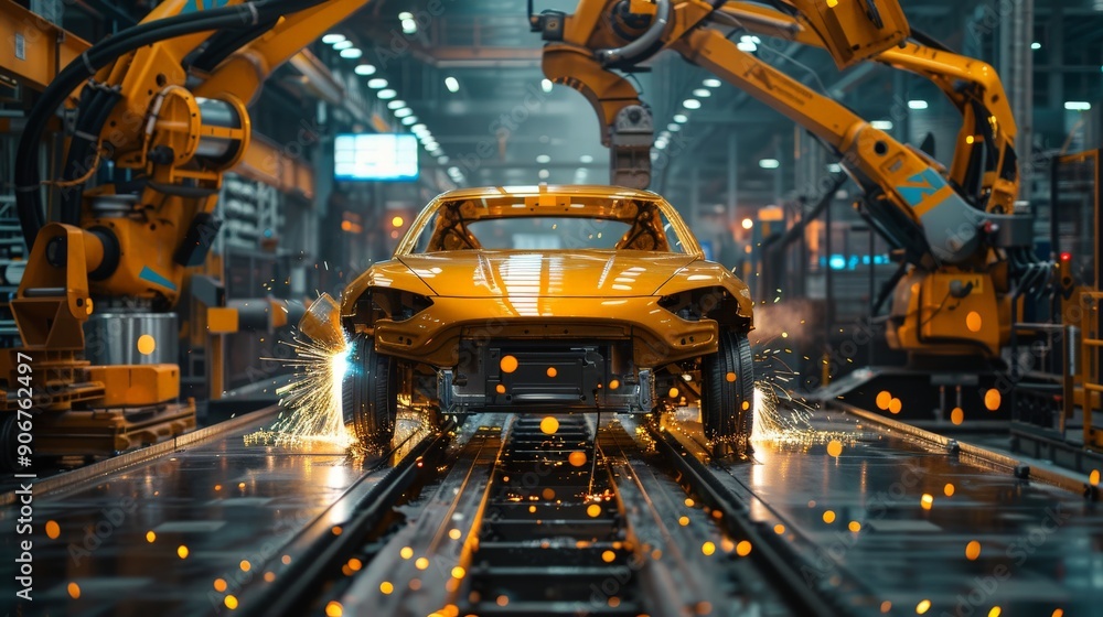 Assembly line and car assembly line with robots welding car steel in a car factory Assembly line and car assembly line with robots welding car steel in a car factory