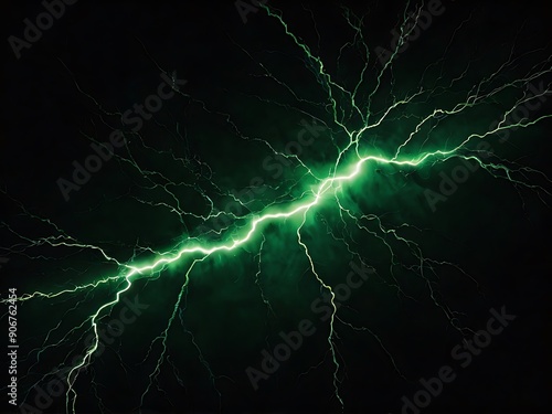 Green lightning on black background, lighting bolt on solid dark night wallpaper, graphical design