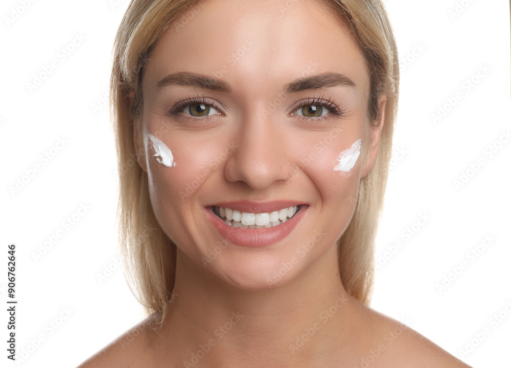 Beautiful woman with cream on her face against white background Beautiful woman with cream on her face against white background