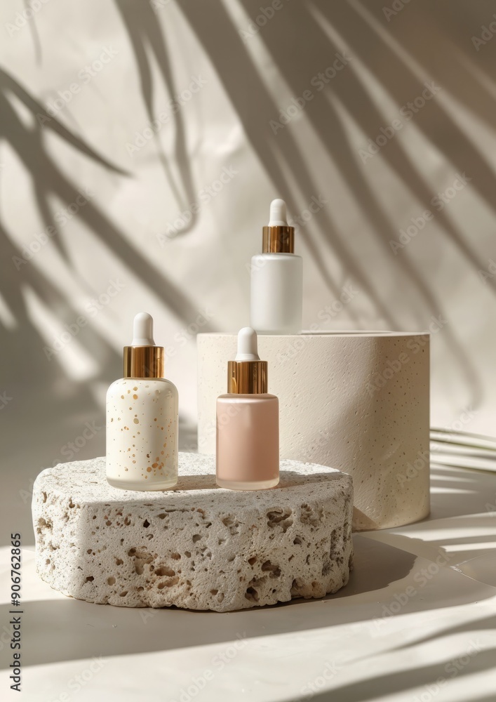 Beauty natural skincare product mock up. Cosmetics bottles on stone podium Beauty natural skincare product mock up. Cosmetics bottles on stone podium