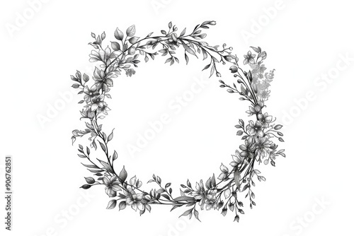 Black and white illustration of a floral wreath