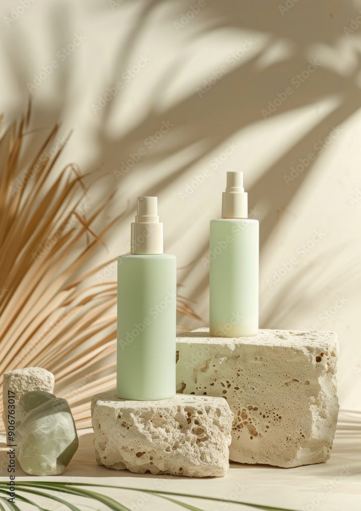 Beauty natural skincare product mock up. Cosmetics bottles on stone podium Beauty natural skincare product mock up. Cosmetics bottles on stone podium