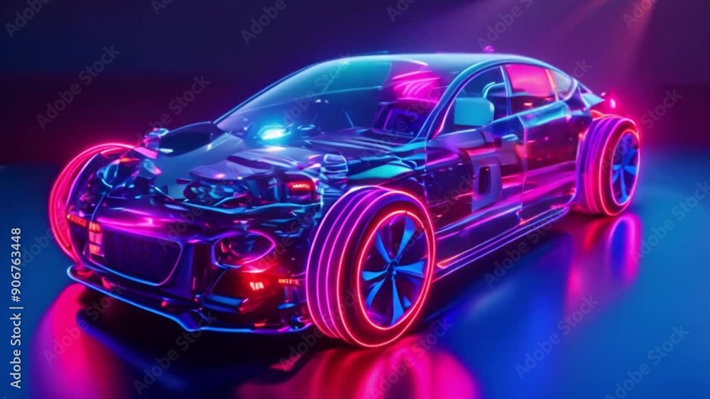 A new energy vehicle with an isometric distance, blue background, battery, motor, and style A new energy vehicle with an isometric distance, blue background, battery, motor, and style