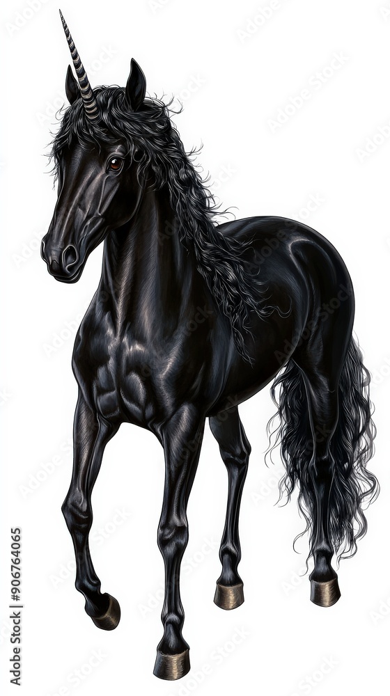 Majestic black unicorn with flowing mane, embodying elegance and mystery in a whimsical fantasy setting. Majestic black unicorn with flowing mane, embodying elegance and mystery in a whimsical fantasy setting.