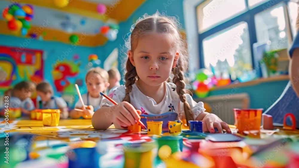 Children and friends paint with their own creativity in colorful colors in kindergarten class in school. Children paint water or crayons on drawing paper Children and friends paint with their own creativity in colorful colors in kindergarten class in school. Children paint water or crayons on drawing paper