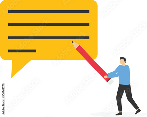Businessmen with pencil writing message or email on speech bubbles. Urgency tasks. Writing message skill to success. Flat vector illustration.

