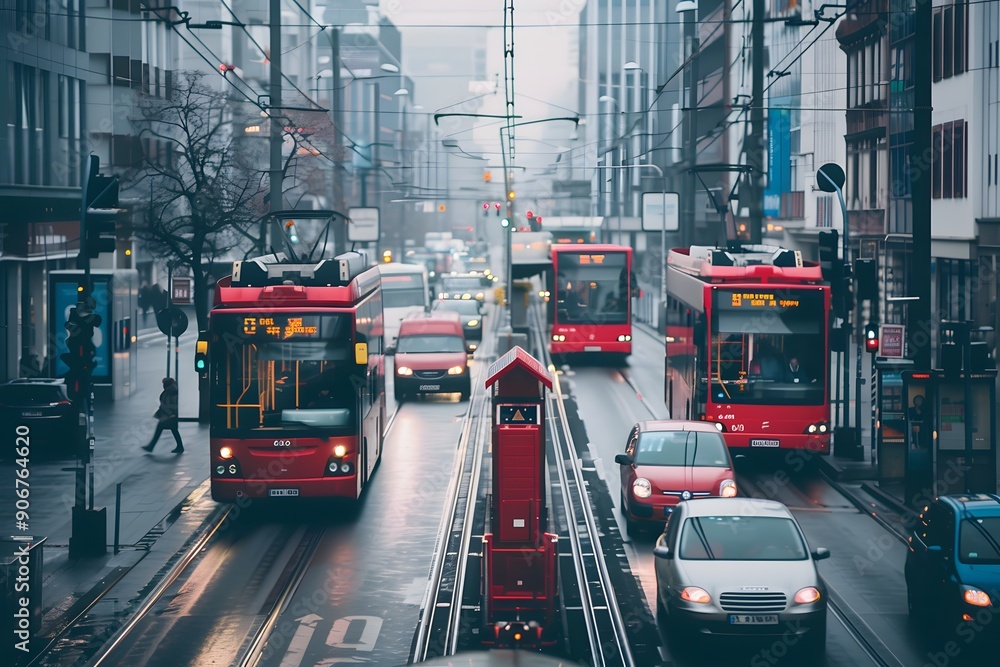 Red Buses on a Rainy Day in City Street Red Buses on a Rainy Day in City Street
