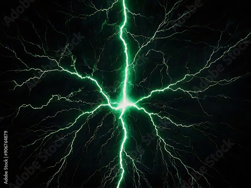 Green lightning on black background, lighting bolt on solid dark night wallpaper, graphical design