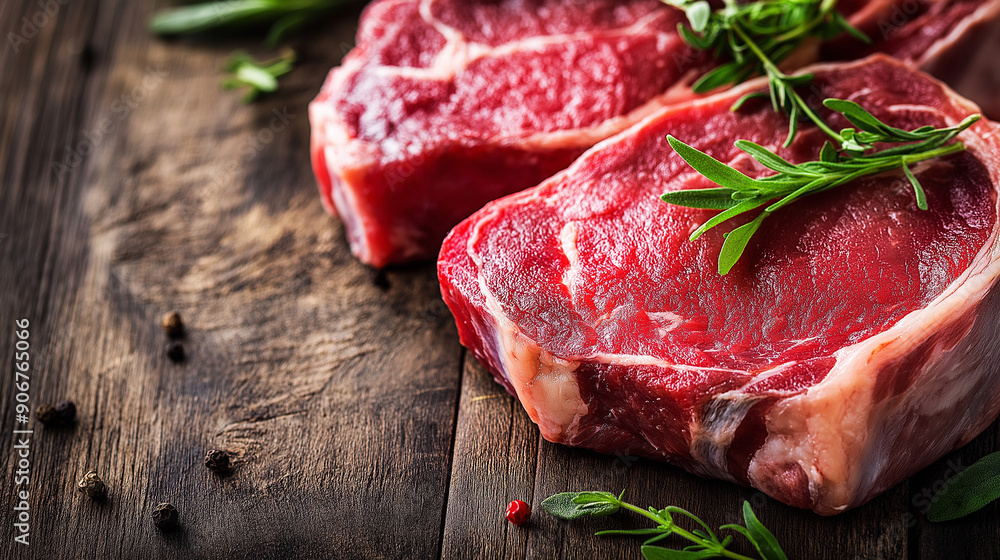 Raw ribeye steaks garnished with rosemary and black pepper, emphasizing freshness and quality. Raw ribeye steaks garnished with rosemary and black pepper, emphasizing freshness and quality.