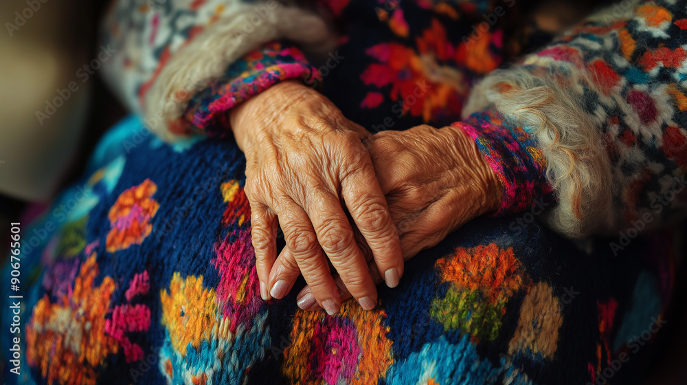 Elderly hands resting on a colorful knitted blanket, symbolizing warmth, age, and comfort. Elderly hands resting on a colorful knitted blanket, symbolizing warmth, age, and comfort.