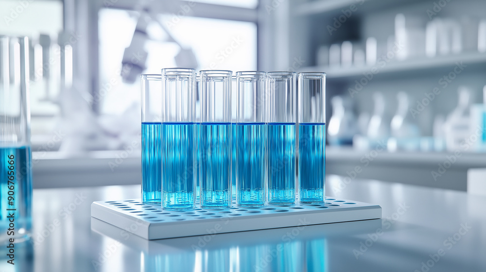 A tray of test tubes filled with blue liquid in a laboratory, emphasizing scientific research and experimentation. A tray of test tubes filled with blue liquid in a laboratory, emphasizing scientific research and experimentation.