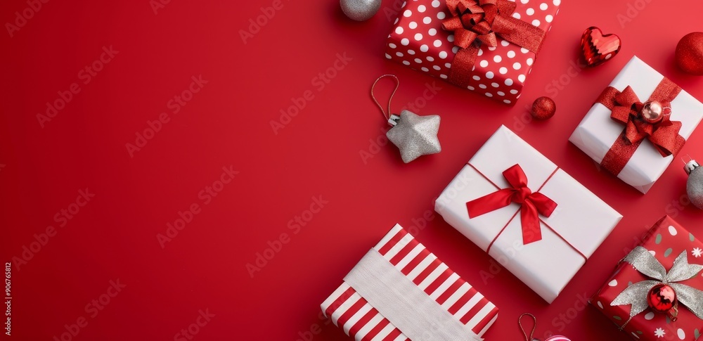 Fototapeta premium Festive Wrapped Gifts With Ornaments Decorated on Red Background
