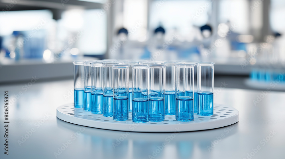 A tray of test tubes filled with blue liquid in a laboratory, emphasizing scientific research and experimentation. A tray of test tubes filled with blue liquid in a laboratory, emphasizing scientific research and experimentation.