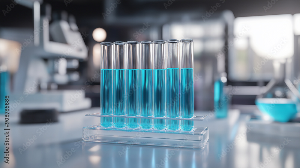 A tray of test tubes filled with blue liquid in a laboratory, emphasizing scientific research and experimentation. A tray of test tubes filled with blue liquid in a laboratory, emphasizing scientific research and experimentation.