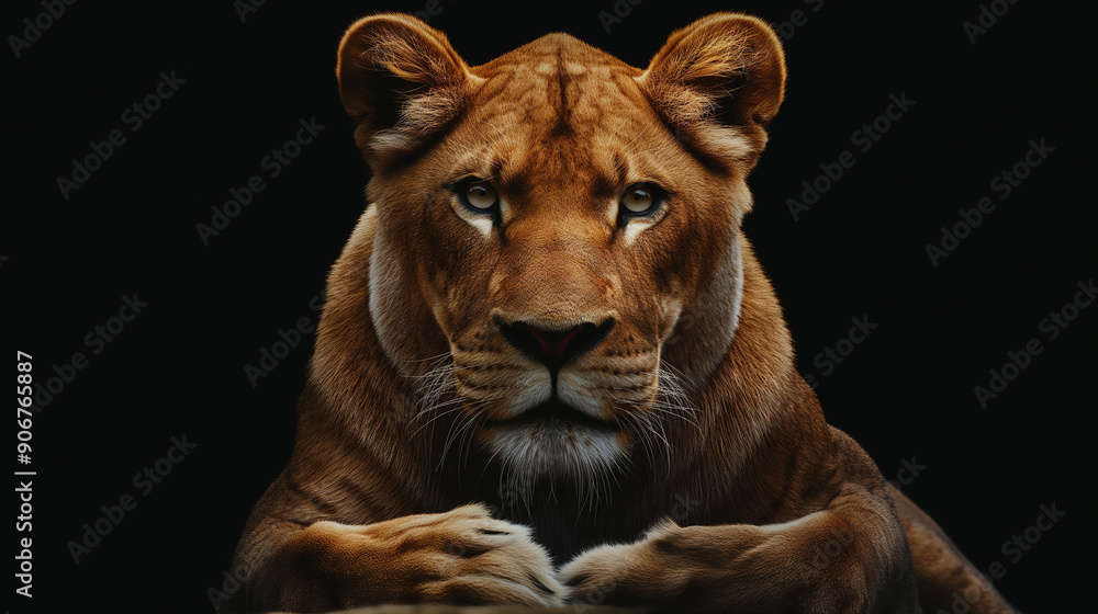 Fototapeta premium A lion is staring at the camera with a dark background
