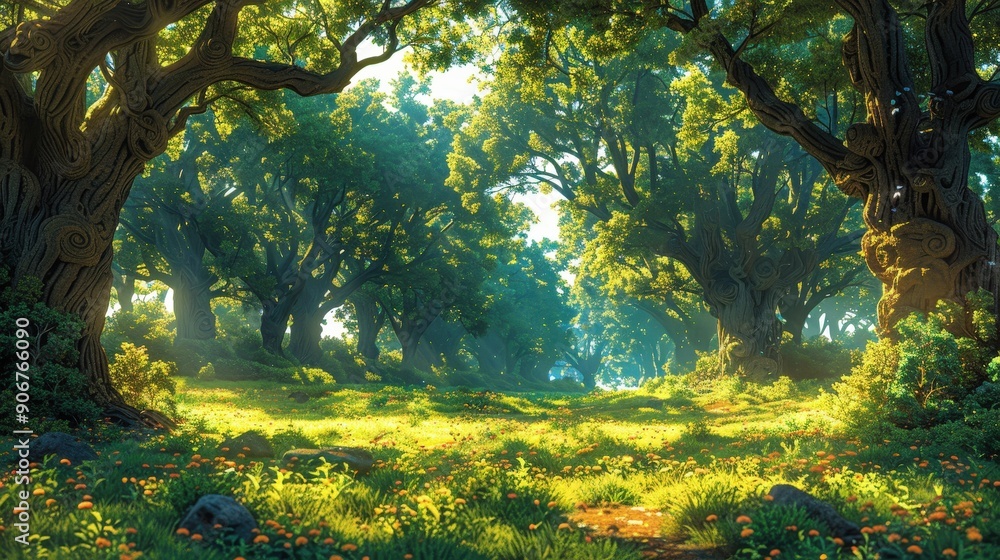 Enchanting Woodland Oasis: A Serene Landscape Bathed in Verdant Splendor