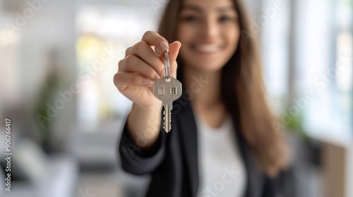 Woman holding a house-shaped key with a blurred background