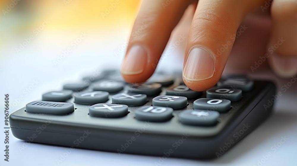A left-handed person using a left-handed calculator while working at a desk. The hand is clearly visible on the calculator buttons, with a clean background providing plenty of copy space. A left-handed person using a left-handed calculator while working at a desk. The hand is clearly visible on the calculator buttons, with a clean background providing plenty of copy space.