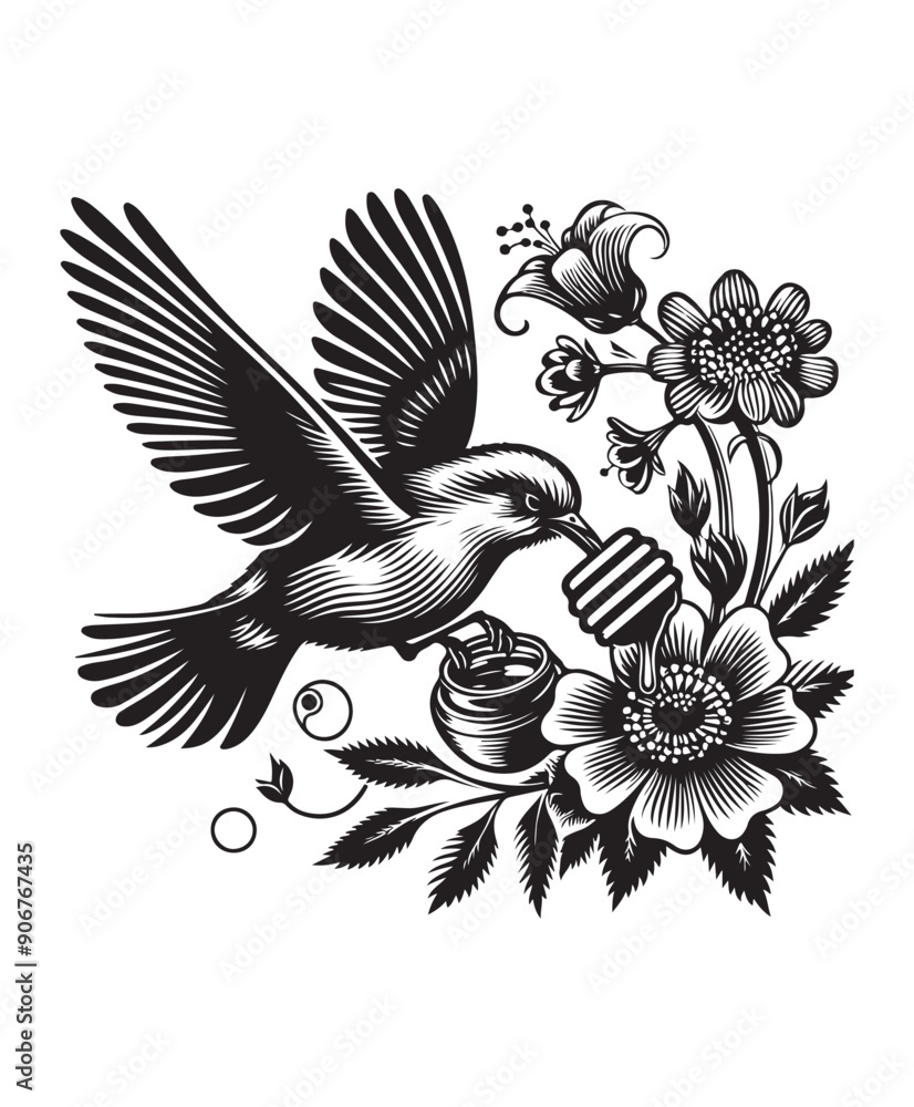 A bird in flight eating honey from a flower vector style, black and white color A bird in flight eating honey from a flower vector style, black and white color
