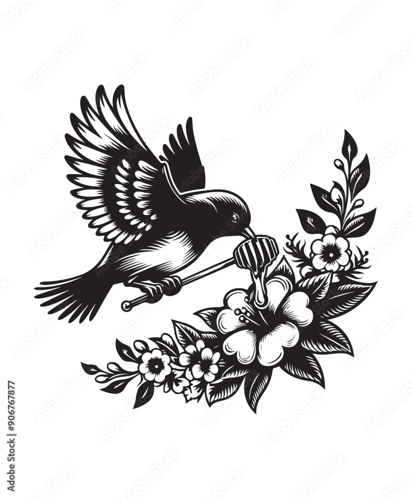 A bird in flight eating honey from a flower vector style, black and white color A bird in flight eating honey from a flower vector style, black and white color