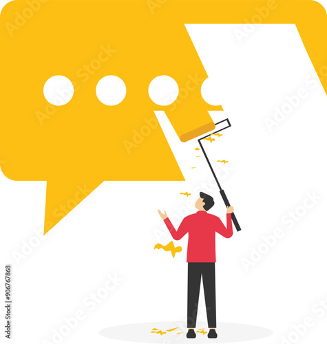 Businessman climb up stepladder to paint a bubble messenger. Productive dialogue or conversation between. Art corporate communication between coworkers, manager and team. Vector illustration.

