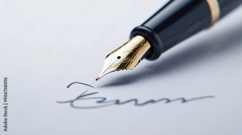 Fototapeta premium A close-up image of a fountain pen writing on a piece of paper, highlighting elegant handwriting and calligraphy.