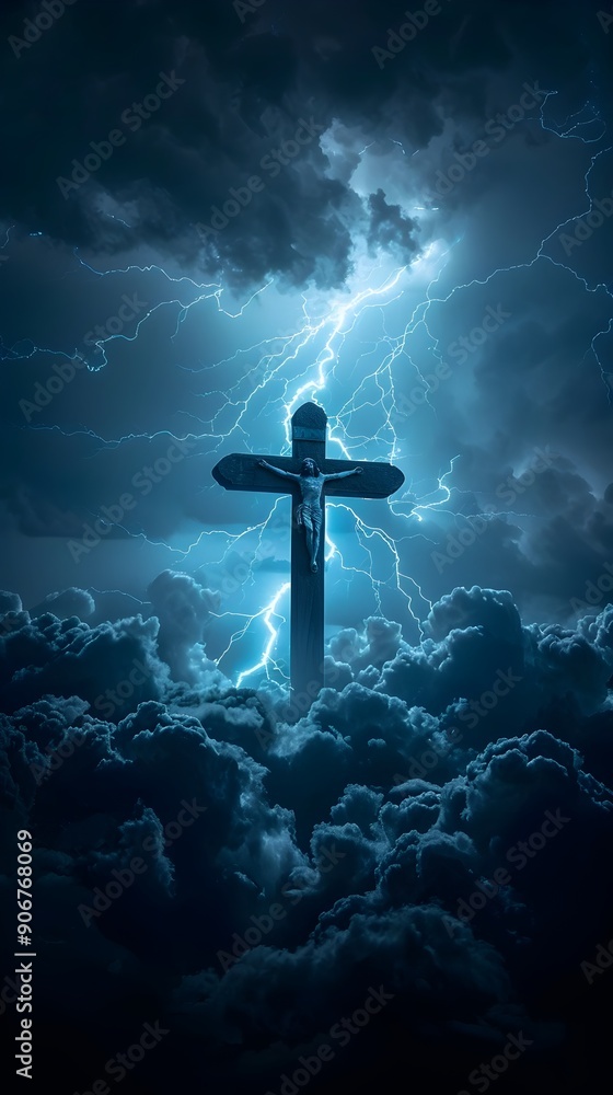 Naklejka premium Cross Silhouetted Against Dramatic Storm Clouds and Lightning
