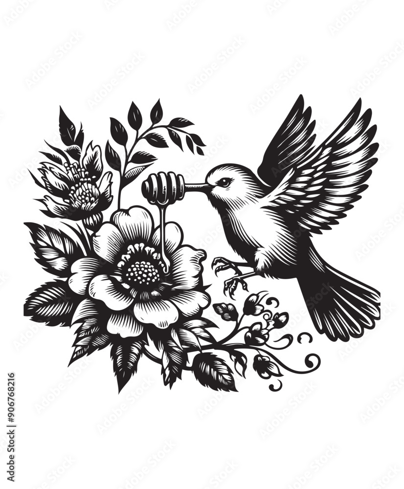A bird in flight eating honey from a flower vector style, black and white color A bird in flight eating honey from a flower vector style, black and white color