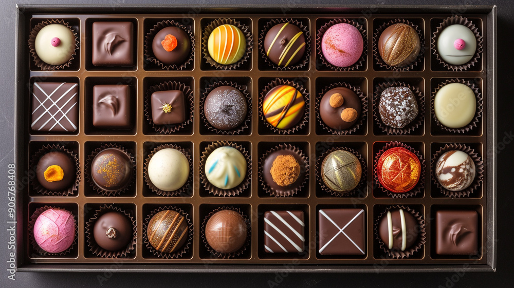 A collection of gourmet chocolates arranged in an artful manner, highlighting their exquisite packaging. A collection of gourmet chocolates arranged in an artful manner, highlighting their exquisite packaging.