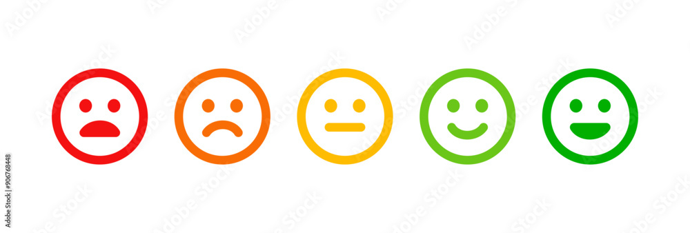 Sad, neutral, satisfied, happy emoji set. Emotion levels on scale different faces icon. Satisfaction, pain feedback with emoticon concept. Colorful vector smile rating illustration. Sad, neutral, satisfied, happy emoji set. Emotion levels on scale different faces icon. Satisfaction, pain feedback with emoticon concept. Colorful vector smile rating illustration.