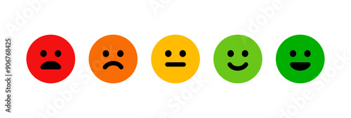Sad, neutral, satisfied, happy emoji set. Emotion levels on scale different faces icon. Satisfaction, pain feedback with emoticon concept. Colorful vector smile rating illustration.