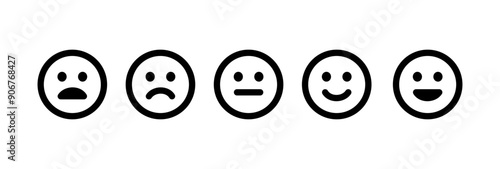 Sad, neutral, satisfied, happy emoji set. Emotion levels on scale different faces icon. Satisfaction, pain feedback with emoticon concept. Vector smile rating illustration.