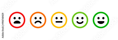 Sad, neutral, satisfied, happy emoji set. Emotion levels on scale different faces icon. Satisfaction, pain feedback with emoticon concept. Colorful vector smile rating illustration.