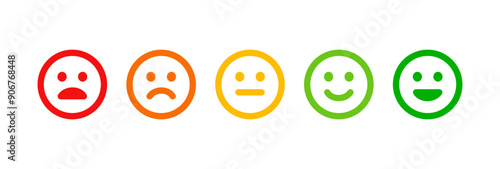 Sad, neutral, satisfied, happy emoji set. Emotion levels on scale different faces icon. Satisfaction, pain feedback with emoticon concept. Colorful vector smile rating illustration.