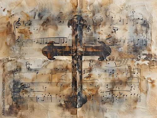 Cross Composed of Musical Notes Against Harmonious Sheet Music Background