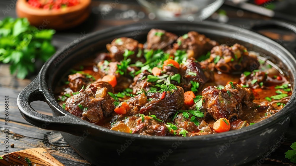 Dish with portion of oxtail stewed vaccinara with parsley Dish with portion of oxtail stewed vaccinara with parsley