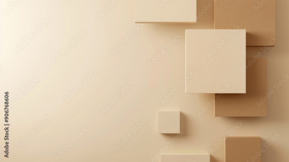 Minimalist Light Background with Three Brown Squares in Bottom Right Corner, Abstract Design with Copy Space Minimalist Light Background with Three Brown Squares in Bottom Right Corner, Abstract Design with Copy Space