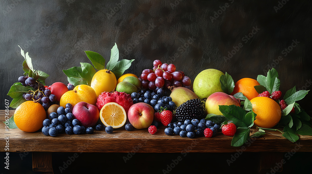 A vibrant assortment of fresh fruits including apples, grapes, oranges, and berries arranged on a rustic wooden table with a dark background. A vibrant assortment of fresh fruits including apples, grapes, oranges, and berries arranged on a rustic wooden table with a dark background.