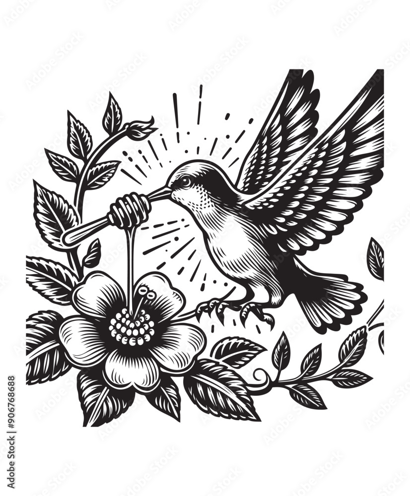 A bird in flight eating honey from a flower vector style, black and white color A bird in flight eating honey from a flower vector style, black and white color