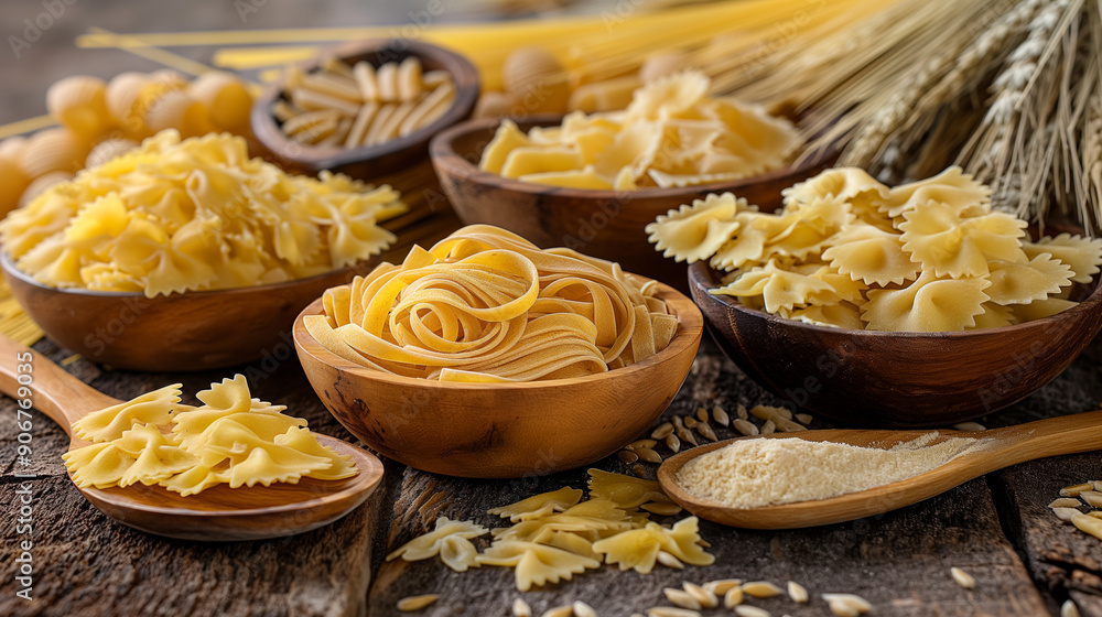 A variety of pasta shapes and wooden spoons displayed on a wooden surface, showcasing different types of pasta. A variety of pasta shapes and wooden spoons displayed on a wooden surface, showcasing different types of pasta.