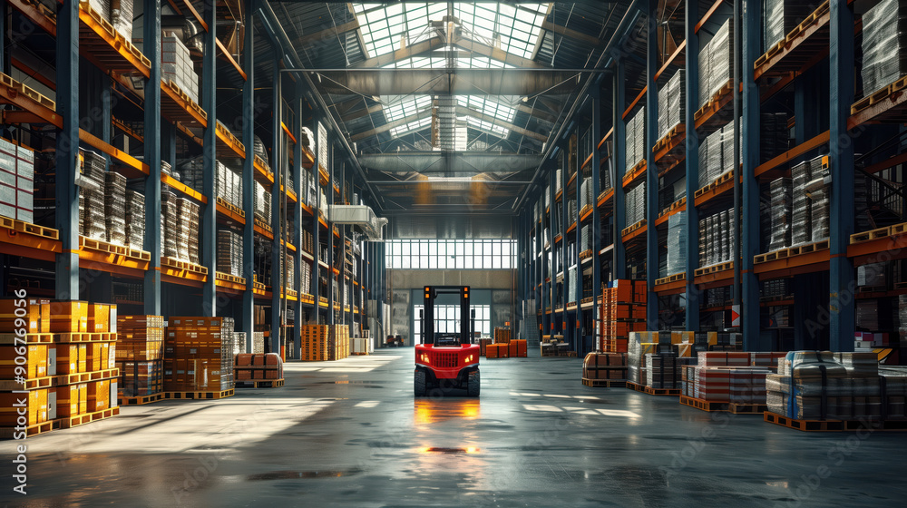 Warehouse with Forklift in Aisle. Spacious warehouse with a forklift navigating between tall shelves stacked with pallets, showcasing organized storage and logistics. Warehouse with Forklift in Aisle. Spacious warehouse with a forklift navigating between tall shelves stacked with pallets, showcasing organized storage and logistics.
