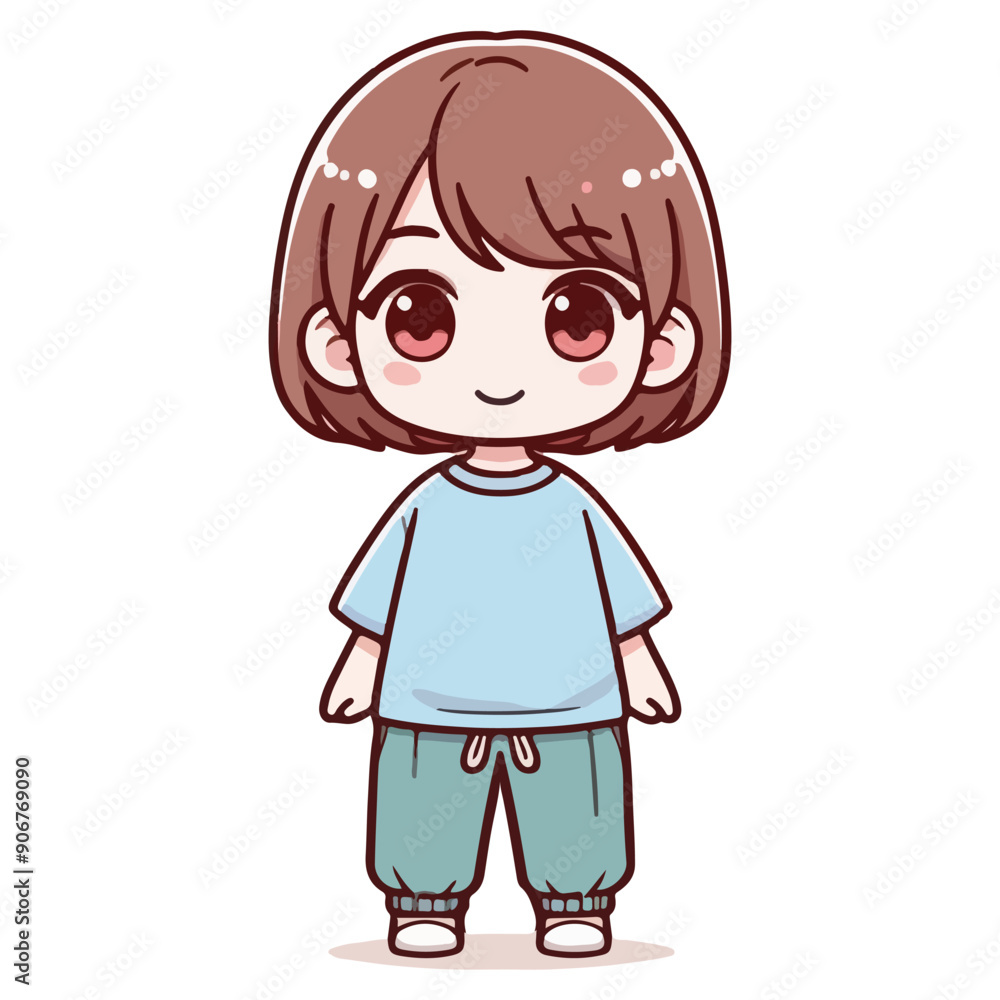 A cute girl with short hair wearing a t-shirt and long pants. Vector illustration of a smiling girl wearing casual clothes and standing. A cute girl with short hair wearing a t-shirt and long pants. Vector illustration of a smiling girl wearing casual clothes and standing.