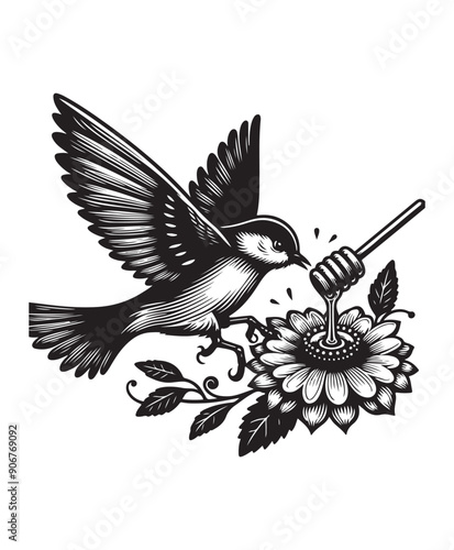 A bird in flight eating honey from a flower vector style, black and white color photo