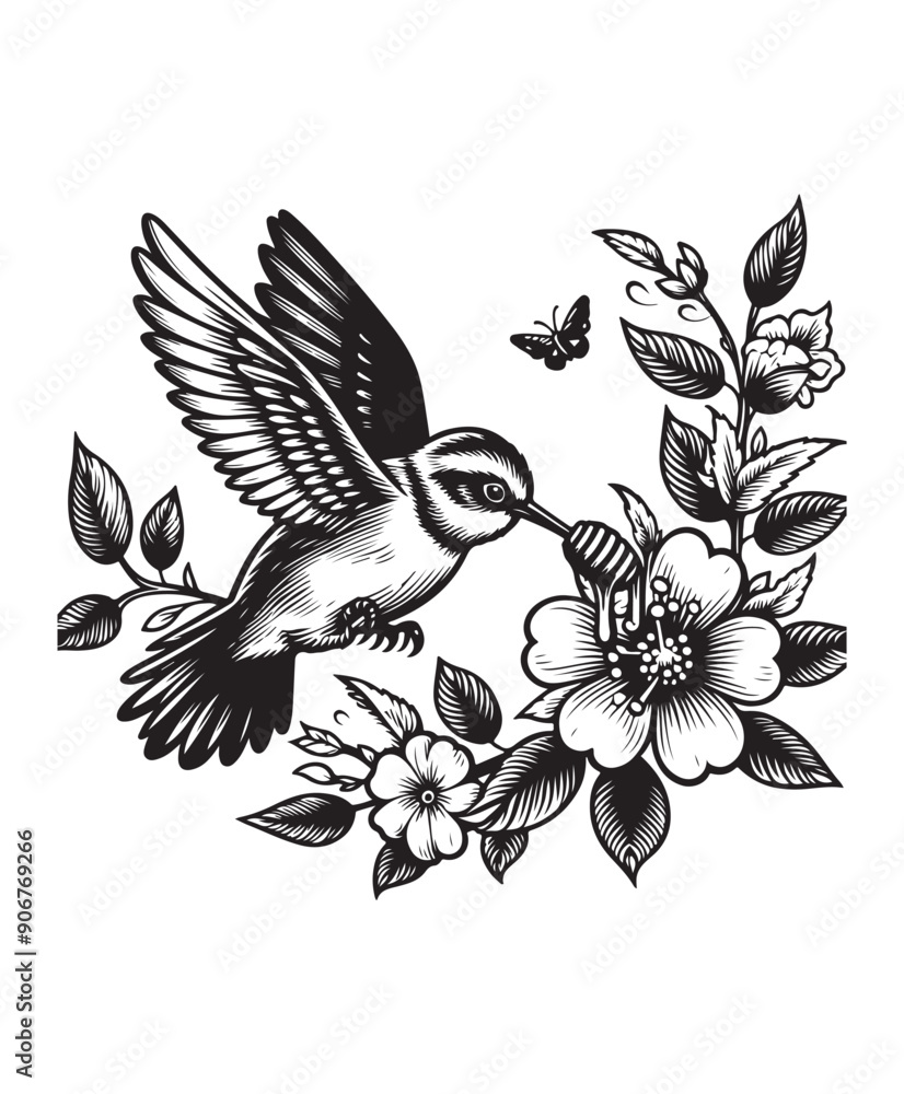 A bird in flight eating honey from a flower vector style, black and white color A bird in flight eating honey from a flower vector style, black and white color