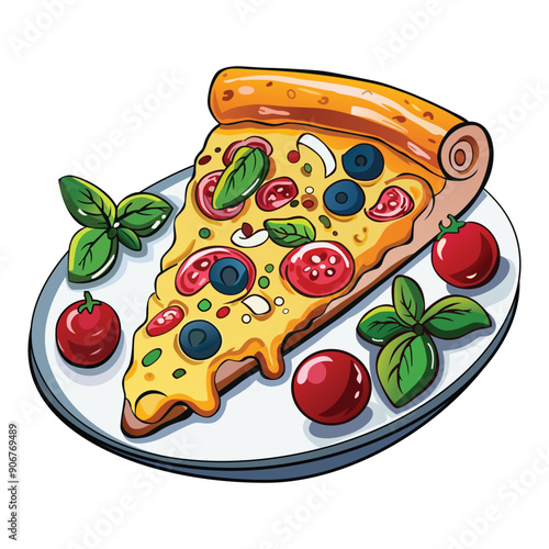 Vector Illustration of Cartoon cheesy pepperoni pizza slice