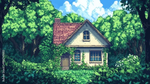 8-bit pixel art of a house surrounded by a lush forest, ideal for anime-style backgrounds with vivid daytime colors