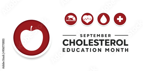 National  Cholesterol Education Month. Apple, meter, hearbeat, blood and plus icon. Great for cards, banners, posters, social media and more. White background.